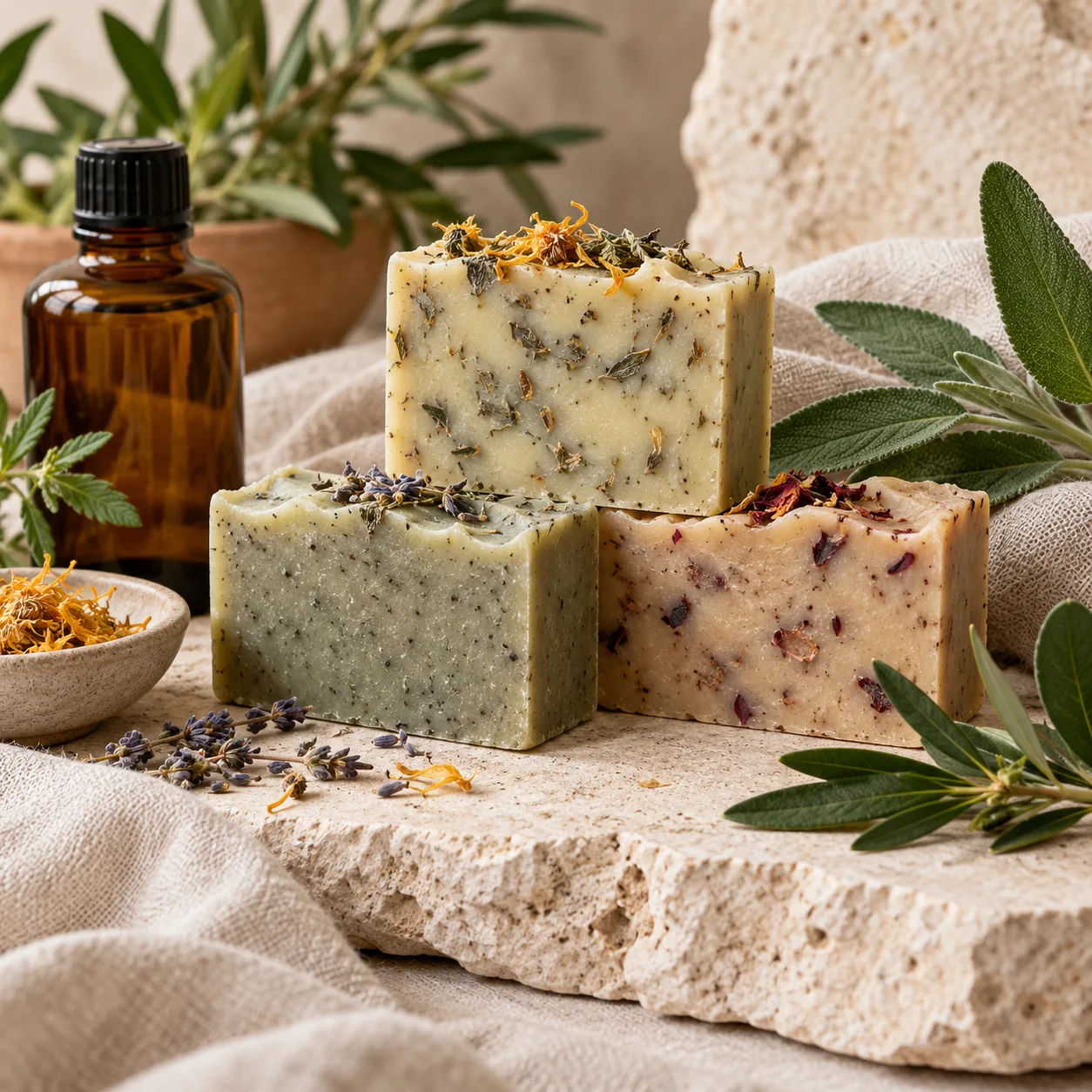 Illustrative handmade botanical soap bars
